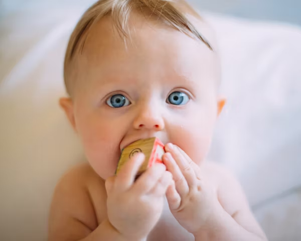 image of a baby biting on a block toy